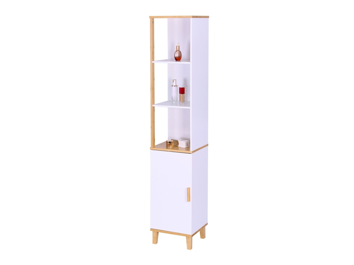 Armário Alto Banheiro Branco Com Detalhes Em Bambu, Porta E 3 Prateleiras