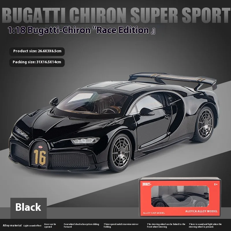(preto) Miniatura De Carro Bugatti Chiron Em Escala 1:18, Feita Em Metal Fundido, Com Efeitos De Luz E Som.