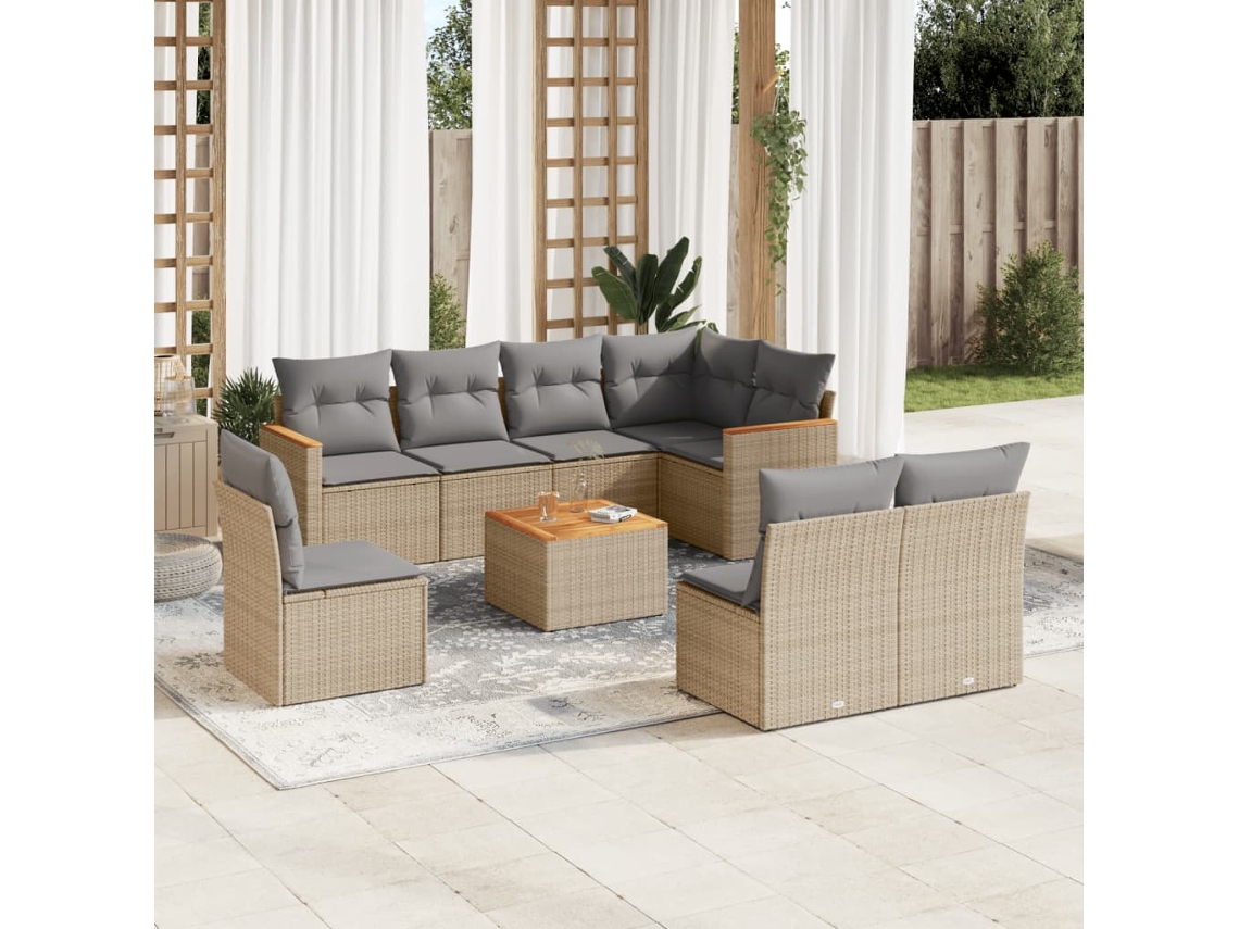 Vidaxl 9 Pcs Conjunto de Sofás P/ Jardim com Almofadões Vime Pe Bege