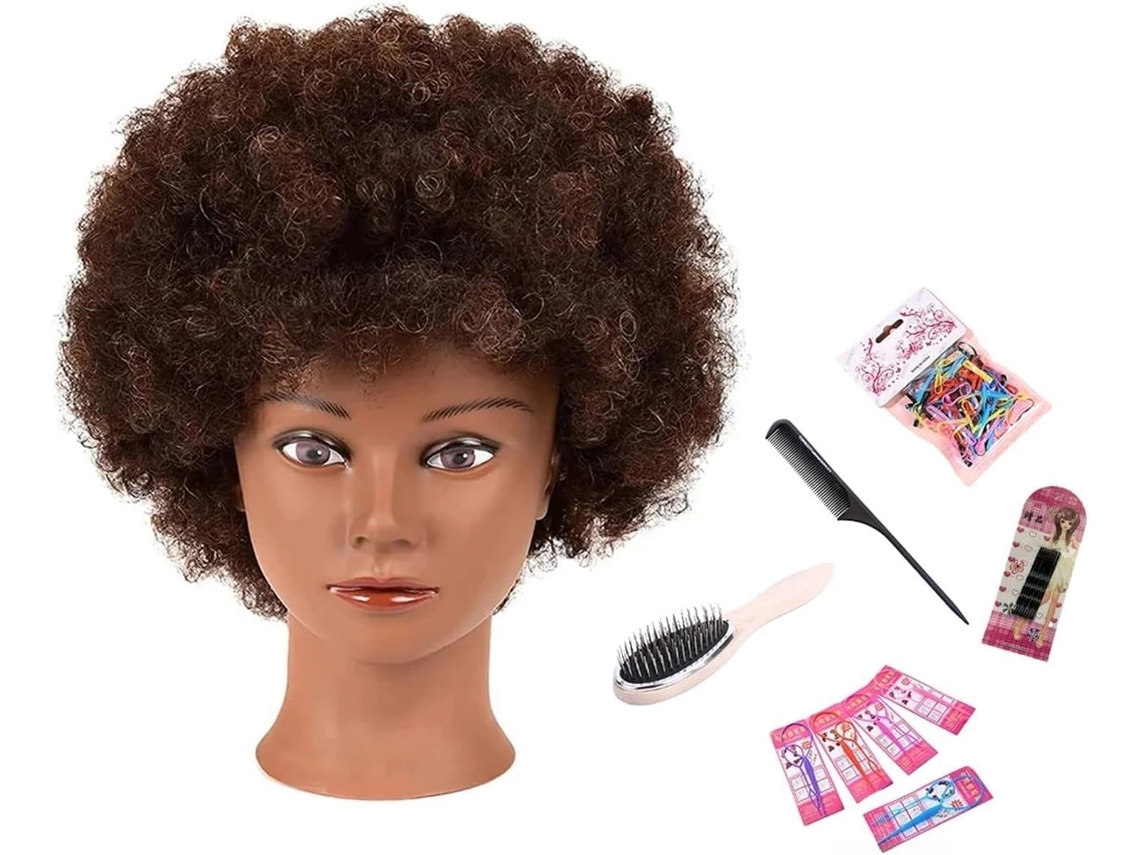 Cabeça de Manequim Afro 100% Cabelo Humano, Cabeça de Treinamento para Penteados, Tranças, 15 Cm SFUSHOS (conjunto C)