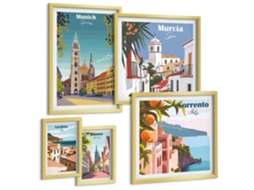 Composição De Quadros Na Parede Vistas Costeiras, Casas Coloridas Moldura Dourada Quadros Para O Escritório Espelharte (conjunto De 5 Imagens)