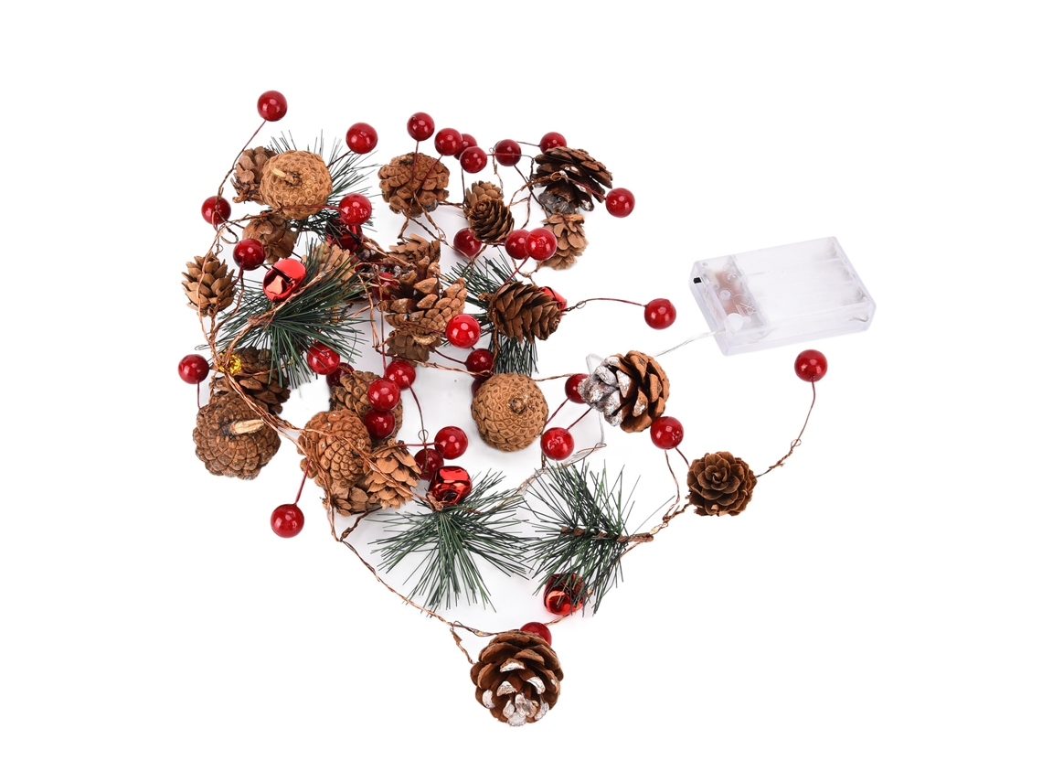 Luzes de Natal em Cordo com Pinhas e Bagas Led Bateria para Interior e Exterior