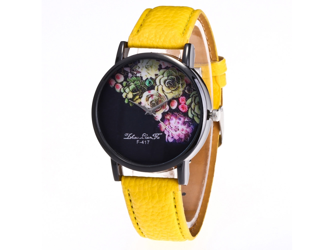 Relógio casual Zhoulianfa Fashion para homens e mulheres com pulseira de couro amarela.