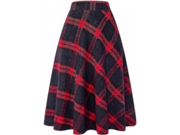 Saia Maxi Tartan De Lã A-line, Cintura Alta Elástica, Plaid Clássico, Inverno/outono/primavera, Preta Com Bolso Long Red