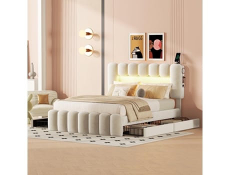 Cama Estofada 140x200 Led 4 Gavetas Estrado Cabeceira Ajustável Em Altura Usb Estéreo Veludo Cama Juvenil Flieks (sem Colchão)