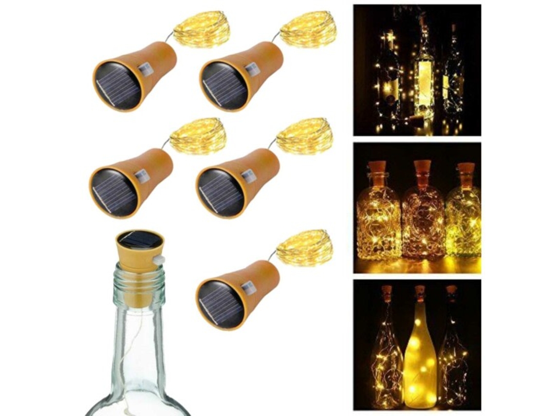 Kit com 5 luzes solares para garrafas cordão de led com cortiça amarela AQUAFORGE