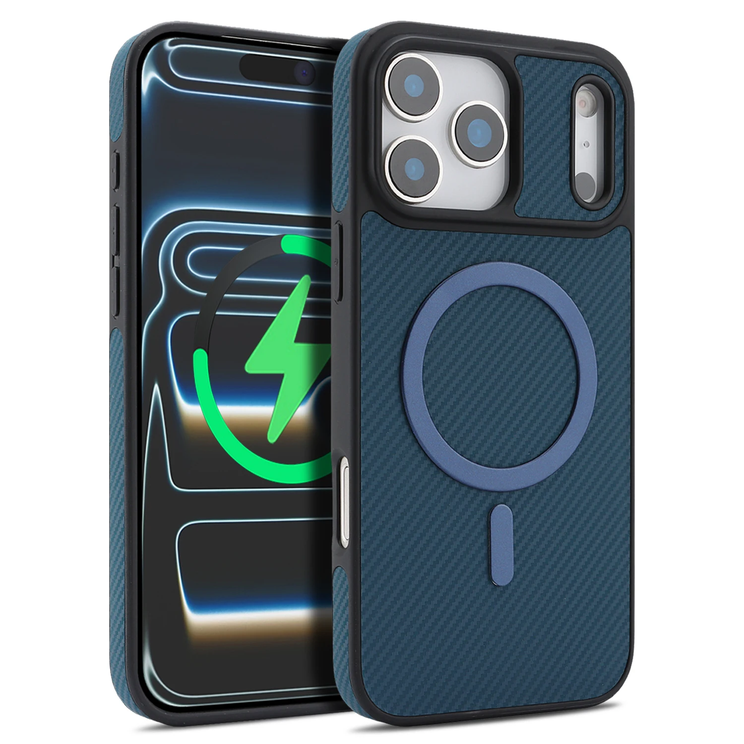 Capa Para Iphone 16 Pro Azul Em Couro Com Fibra De Carbono, Magnética E Ultrafina.