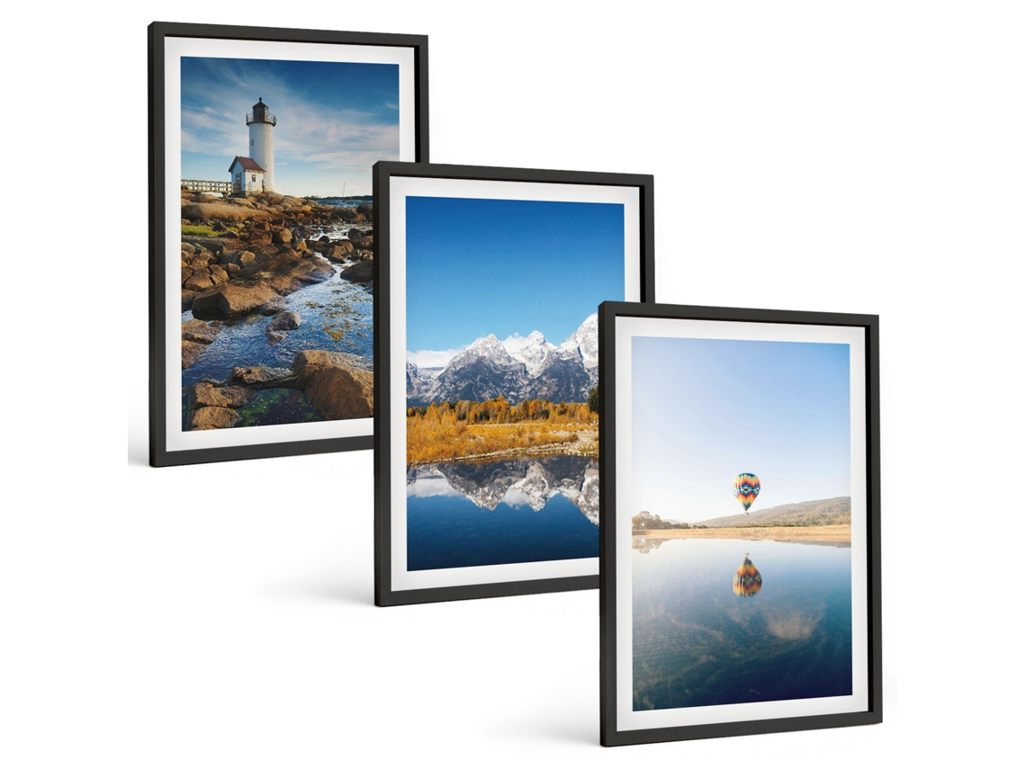 Composição De Quadros Na Parede Vistas Da Natureza, Lanterna, Montanhas, Balão Moldura Preta Pinturas De Quarto Espelharte (3 Piezas De 40x60 Cm)