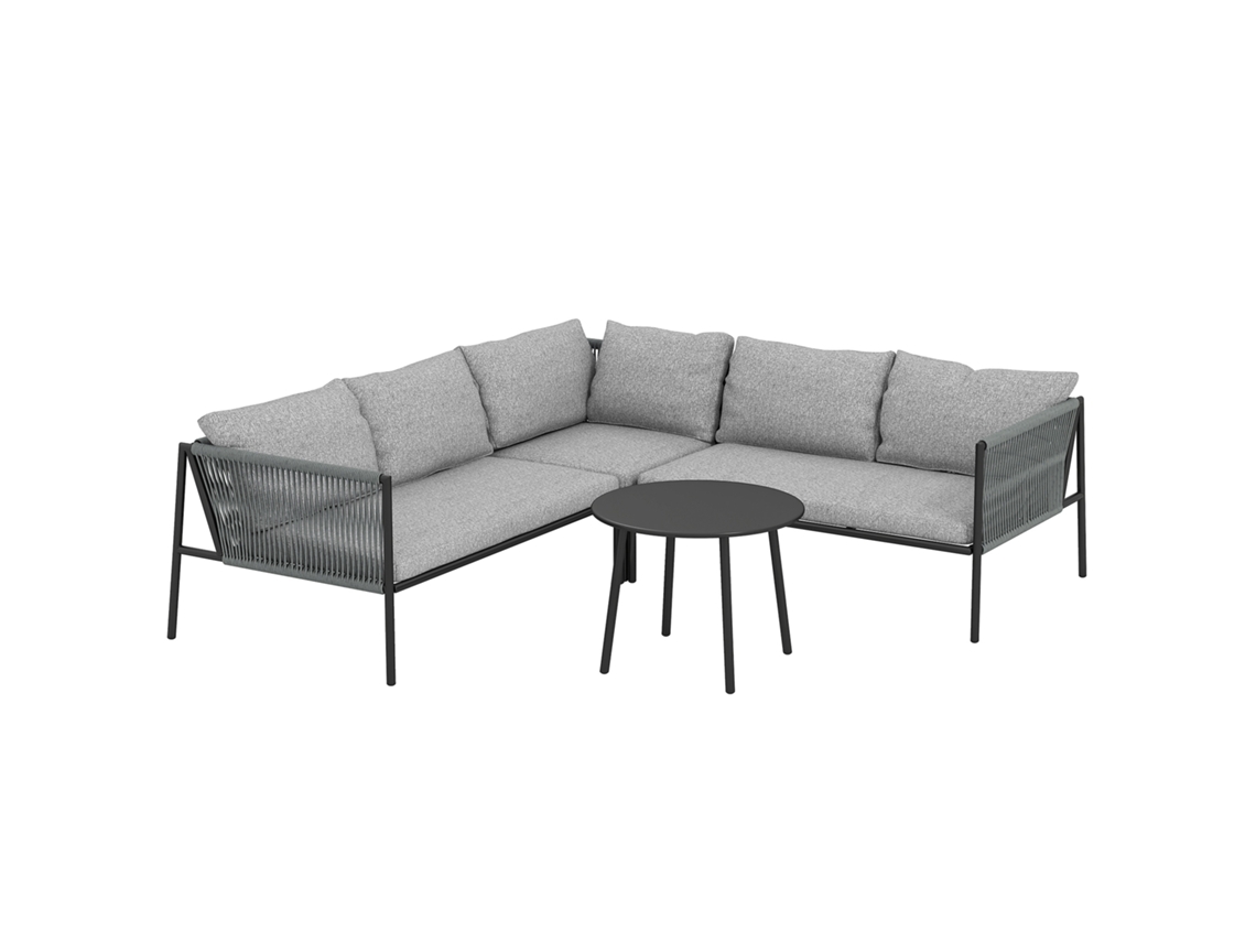 Conjunto Jardim Vime 2 Sofás Canto Mesa Redonda Cinza Escuro