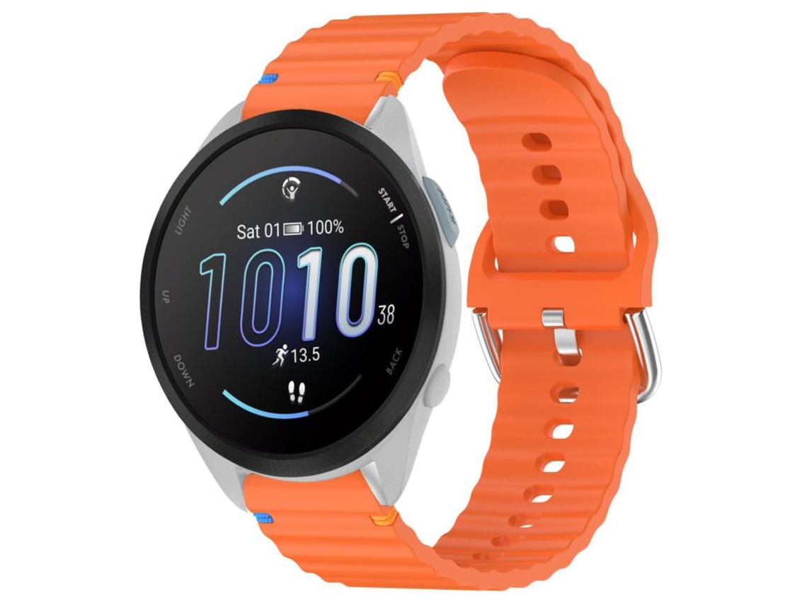 Bracelete Para Garmin Forerunner 165 (20mm) - Silicone - Grão Ondulado - Costurado Laranja