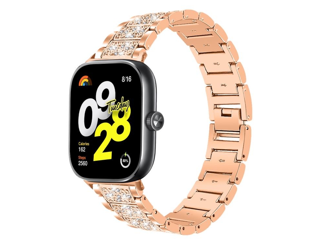Bracelete Para Xiaomi Band 9 Pro / Redmi Watch 6 / 5 - Aço Inoxidável Com Diamantes Ouro Rosa