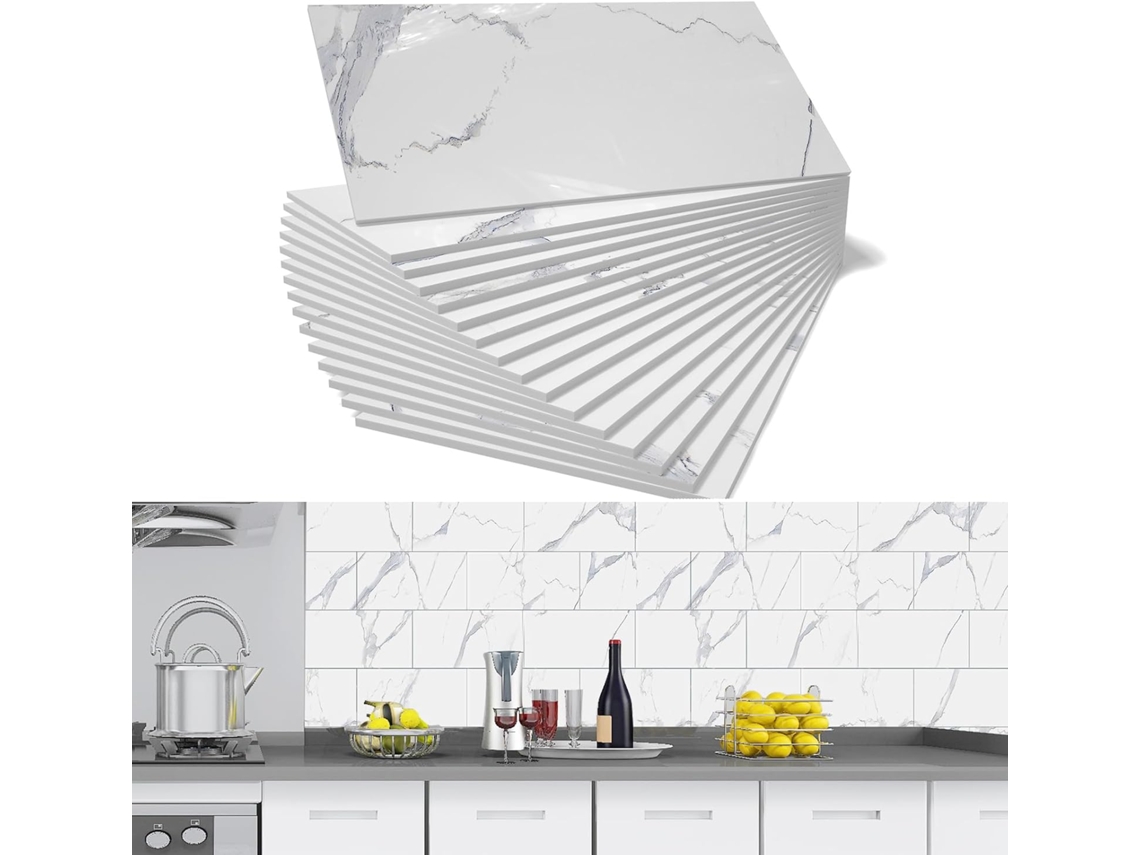 Azulejos autoadesivos de PVC com aparência de mármore, pedra branca de 4 x 8 polegadas, decoração de azulejos Slowmoose