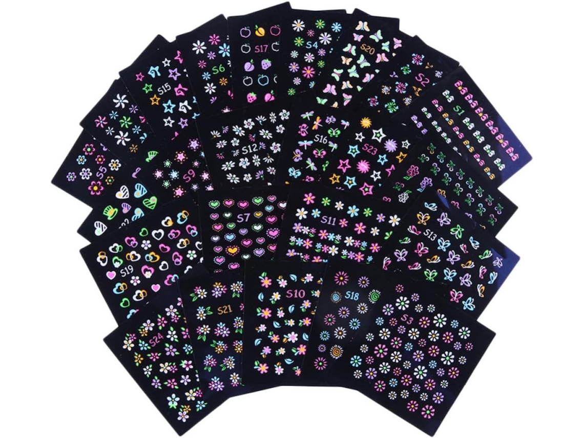 Adesivos Luminosos Para Unhas Com Estampas De Folhas, Flores E Preto.
