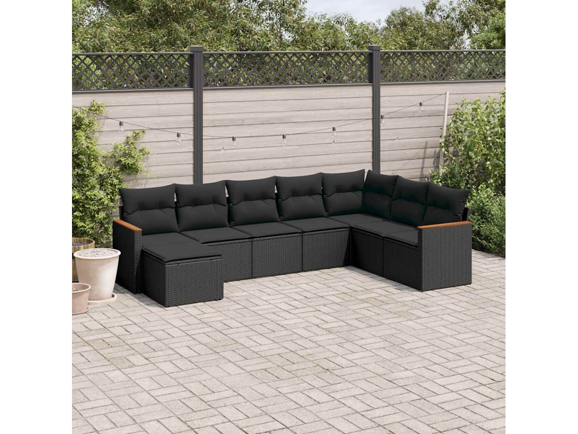 Vidaxl 8 Pcs Conjunto Sofás De Jardim Com Almofadões Vime Pe Preto