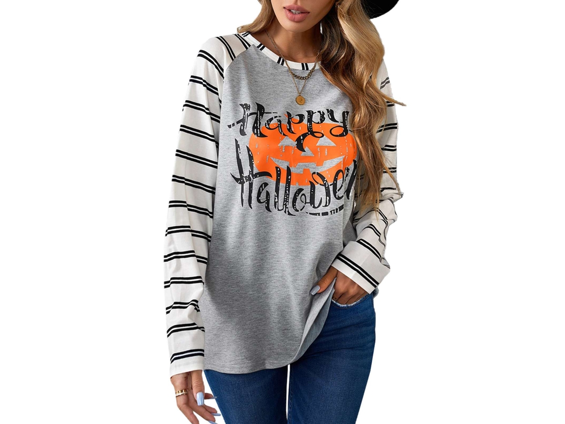 Sudadera Para Mujer Cuello Redondo Manga Larga Estampado Halloween Casual Pullover Para Otoño Invierno Gris Talla L