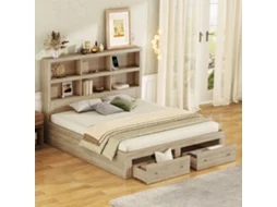 Cama king size 160x200 cm com arrumação, 2 gavetas inferiores, cabeceira com prateleiras, acabamento natural VSOGA
