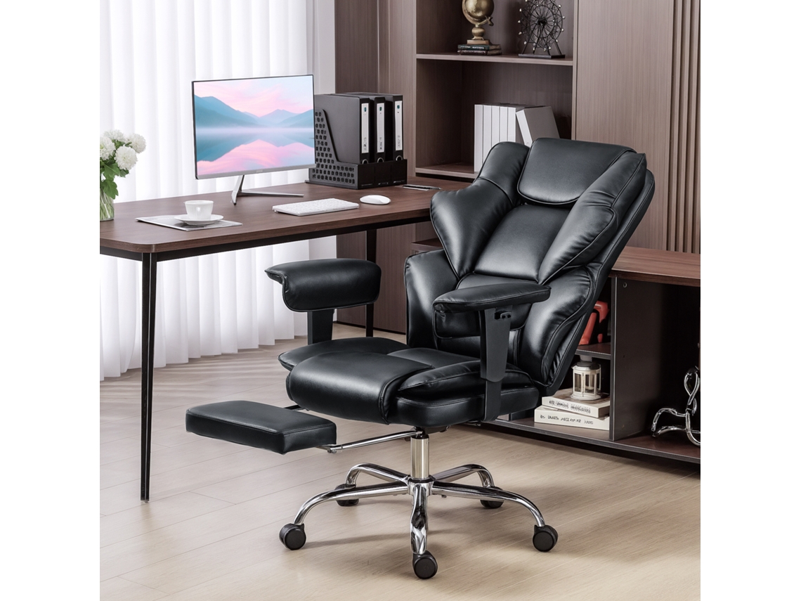 Cadeira Executiva Giratória Preta Em Couro Pu, Apoio Para Cabeça E Apoio Para Os Pés Ajustável, Estrutura Em Metal E Espuma - 76x73x117-125 Cm