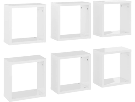Prateleiras parede forma de cubo 6 pcs 30x15x30cm branco brilh.