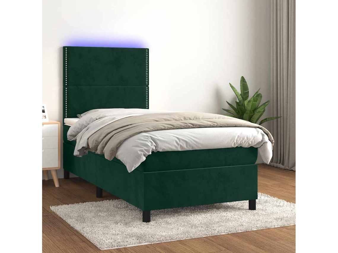 Vidaxl Cama Box Spring C/ Colchão/led 100x200 Cm Veludo Verde-escuro