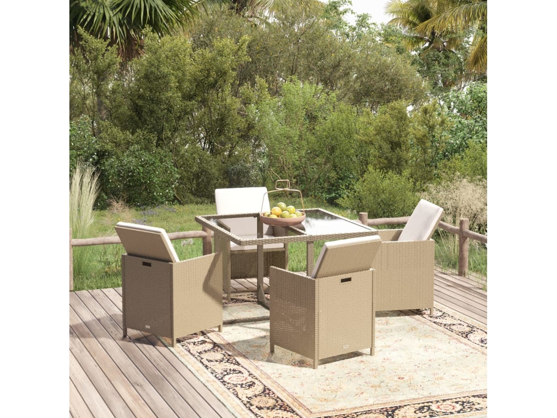 Conjunto 5 Peças Jantar P/ Jardim C/ Almofadões Vime Pe Bege Dkd Home Decor