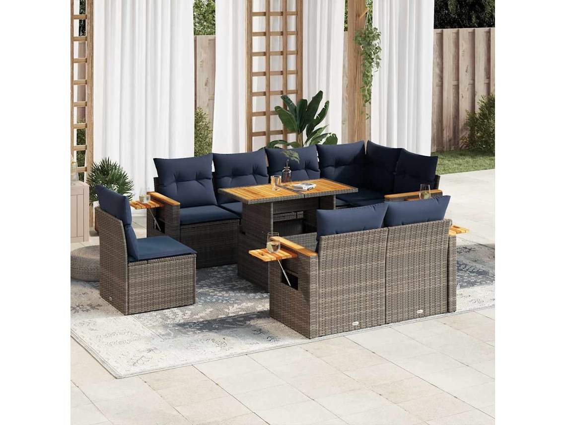 Vidaxl 9 Pcs Conjunto Sofás Jardim Almofadões Vime Pe/acácia Cinzento