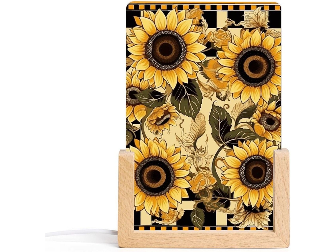 Luminária Noturna Em Acrílico Com Design Floral Na Borda E Base De Madeira Estampada Led Moderna Decoração Casa