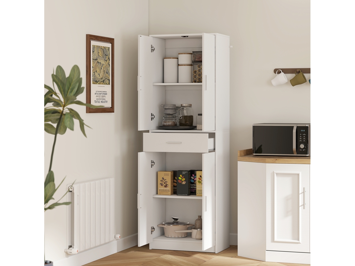 Armário De Cozinha, Prateleiras Ajustáveis Em 3 Níveis, Placas Aglomerado, Mdf, Muito Espaço Armazenamento, Branco