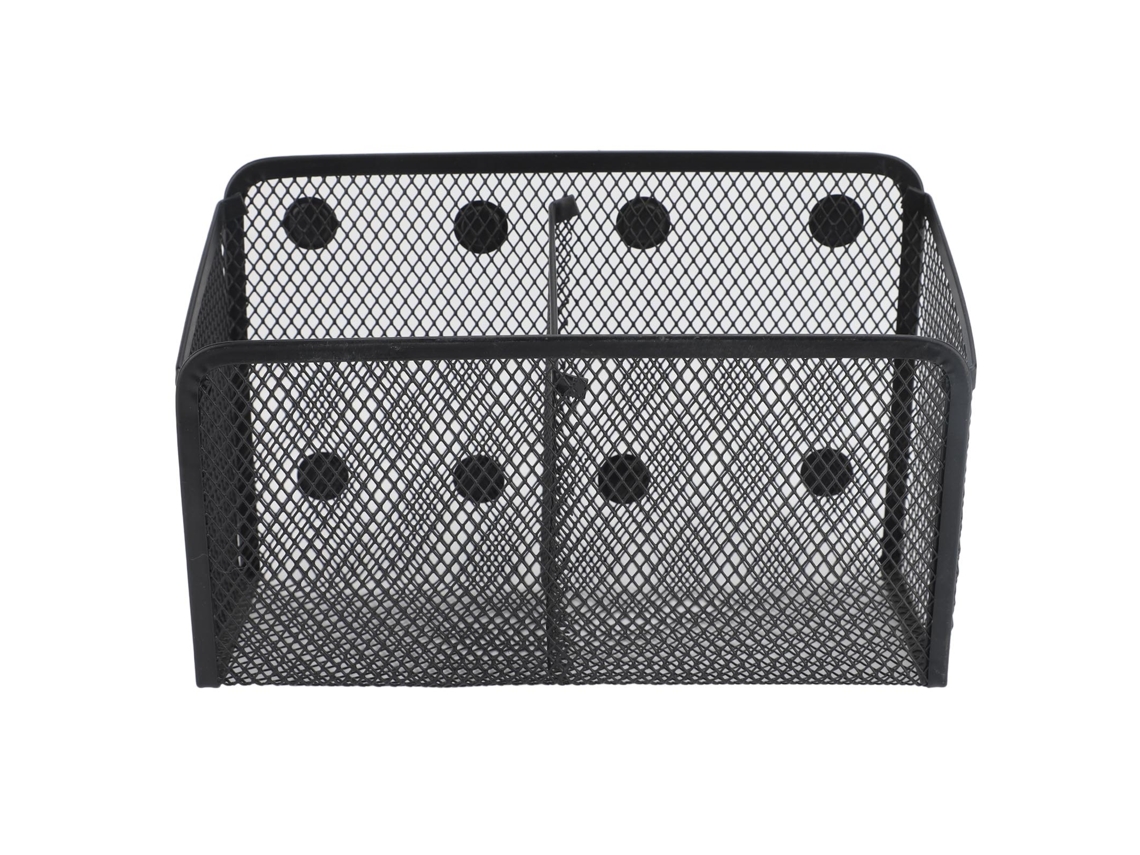Porta-canetas multifuncional magnético em malha metálica com grande capacidade, ideal para escritório e quadros brancos.