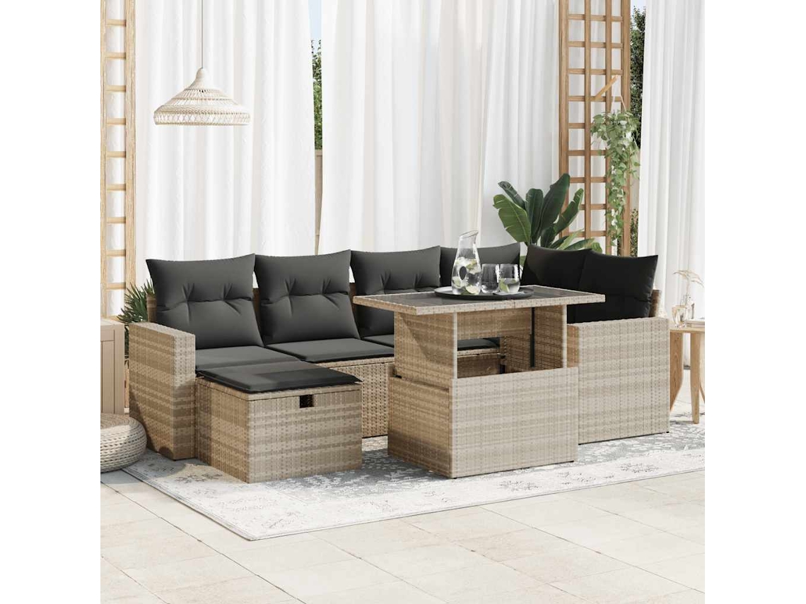 Vidaxl 7 Pcs Conj. Sofás Jardim Com Almofadões Vime Pe Cinzento-claro