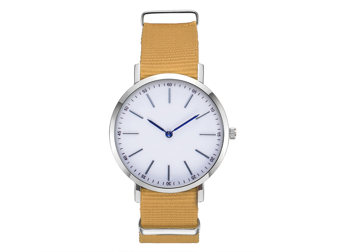 Relógio masculino de quartzo com pulseira de nylon bege casual e elegante.