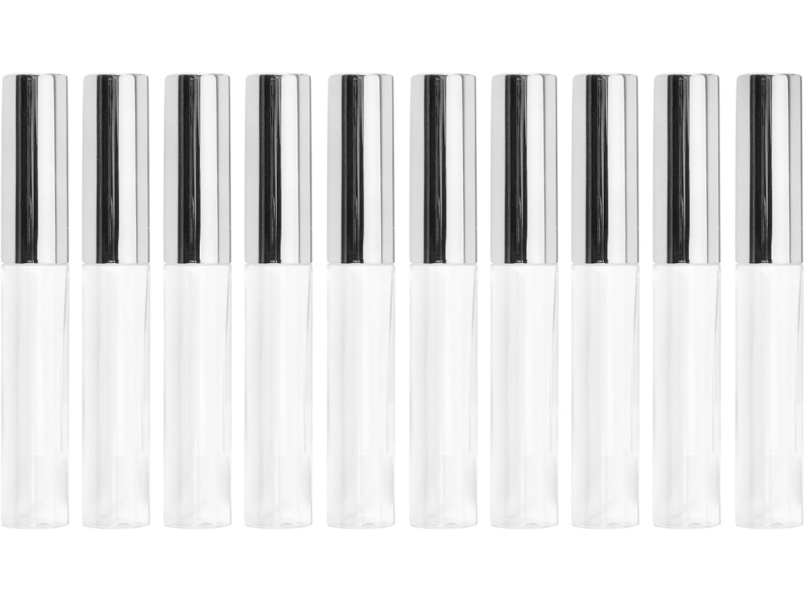 Conjunto De 10 Tubos Vazios De 10ml De Brilho Labial Em Plástico Transparente Com Tampas Prateadas.