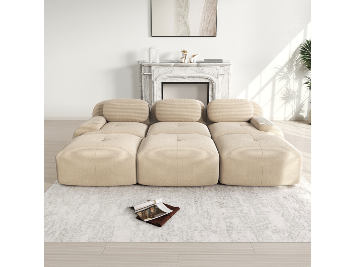 Sofá Modular 3 Lugares com 3 Pufes, Sem Montagem, Pet Friendly, Braços Refinados, Estofamento 32D Alta Elasticidade – Bege