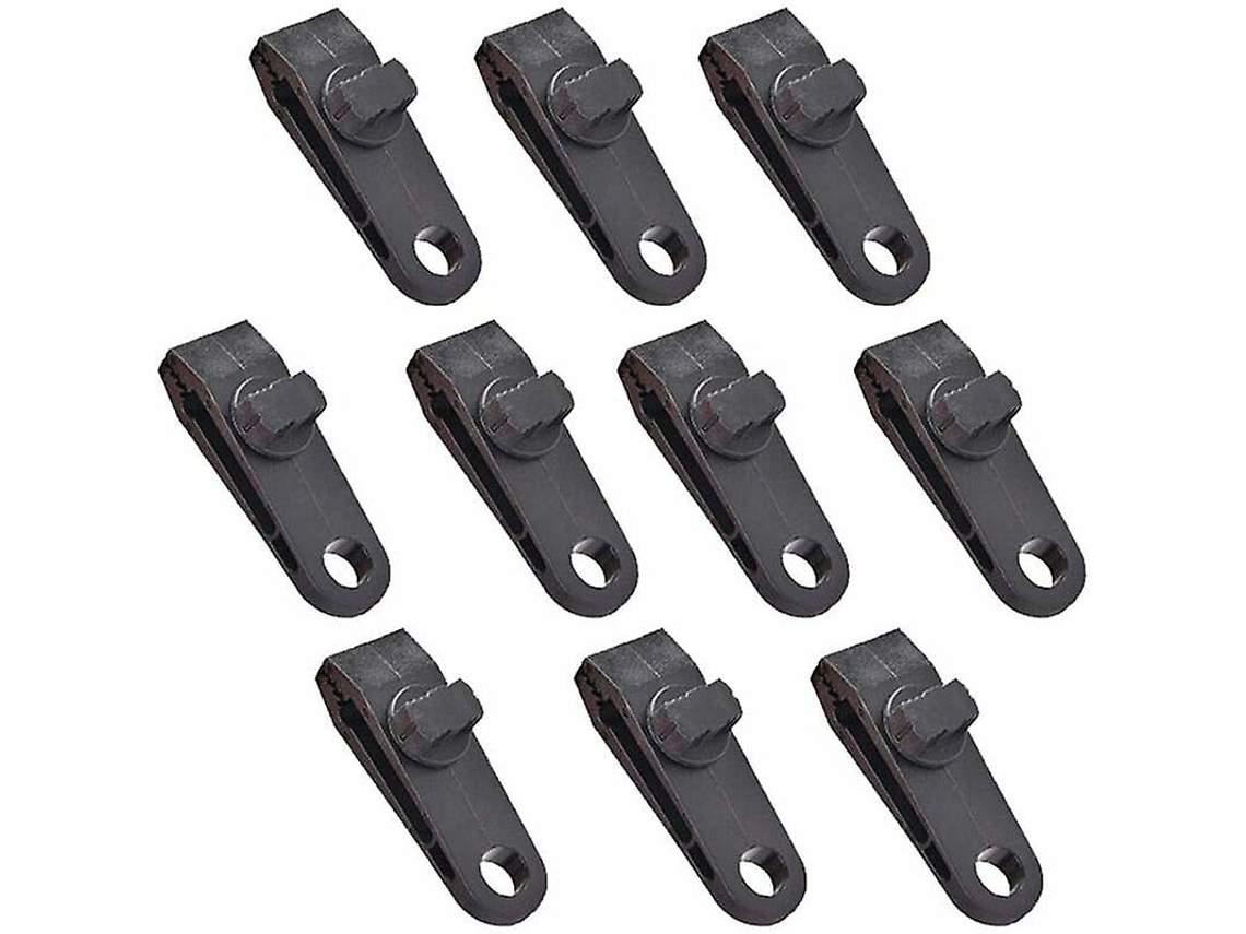 Presilhas Omni 10 pretas para toldo, ideais para camping, caravanas e jardim. Possuem trava de segurança exclusiva e são feitas de material ABS durável.