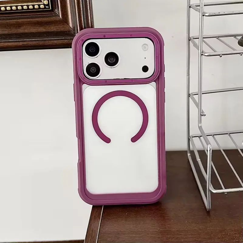 (roxo, Iphone 15 Pro) Capa Protetora Magnética Transparente 2 Em 1, Reforçada, Compatível Com Carregamento Sem Fio Magsafe.