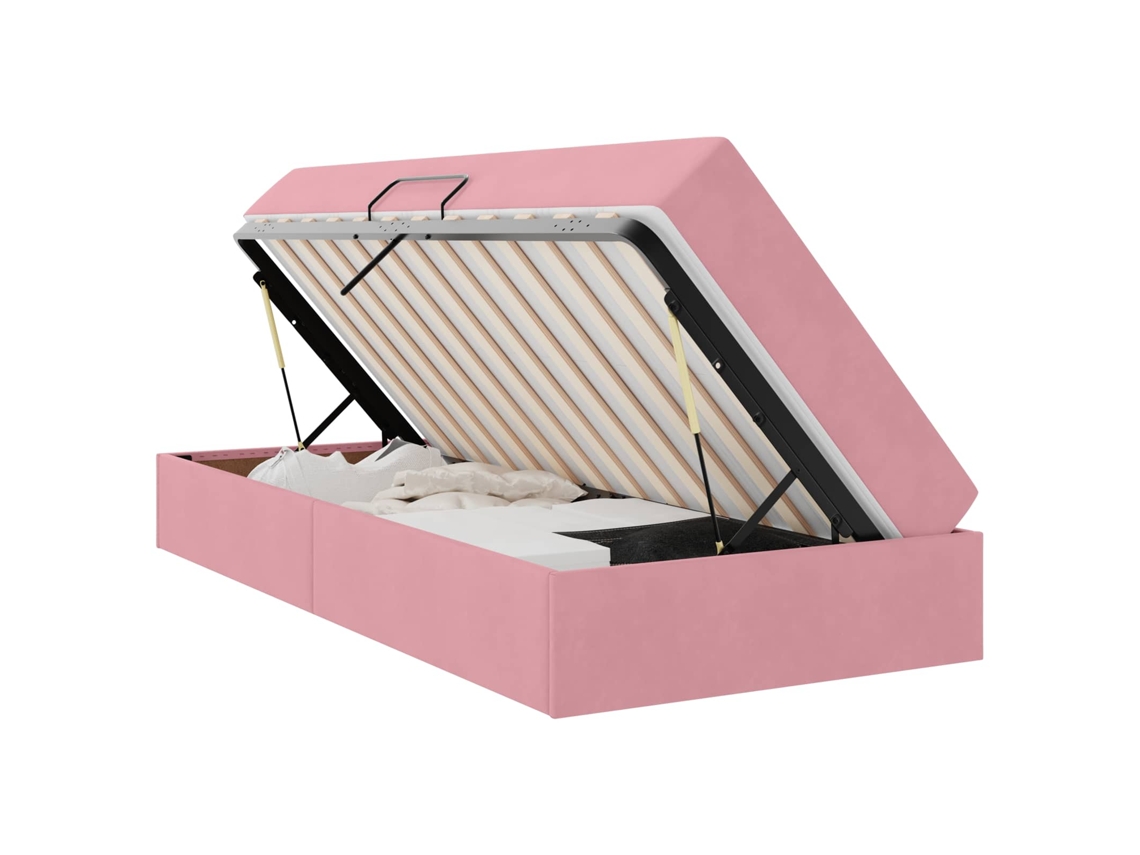 Cama De Solteiro | Camas Para Quarto | Cama Com Arrumação E Colchão Rosa 100 X 200 Cm Veludo