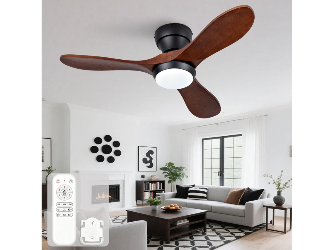 Ventilador De Teto 36 Polegadas Com Luz Led, Três Pás De Madeira, 3cct, Seis Velocidades E Controle Remoto