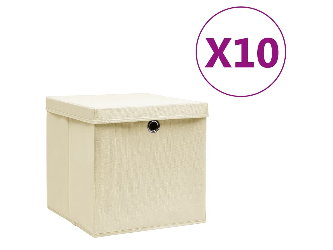 Vidaxl Caixas De Arrumação Com Tampas 10 Pcs 28x28x28 Cm Creme