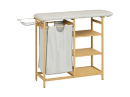 Cesto de Roupa Suja 57.4l com Tábua de Passar Suporte para Ferro 3 Prateleiras e Bolsa Removível 113x34x82 Cm Madeira e Cinza Ge