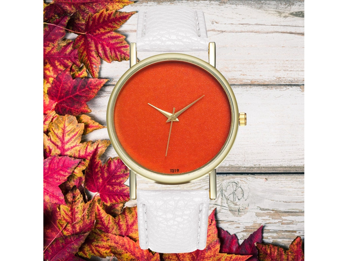 Relógio casual de quartzo para mulheres e meninas com mostrador laranja e pulseira de couro PU branca simples e elegante.