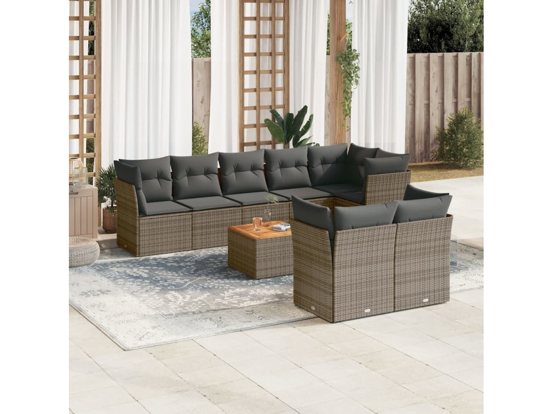 Vidaxl 9 Pcs Conjunto Sofás P/ Jardim Com Almofadões Vime Pe Cinzento