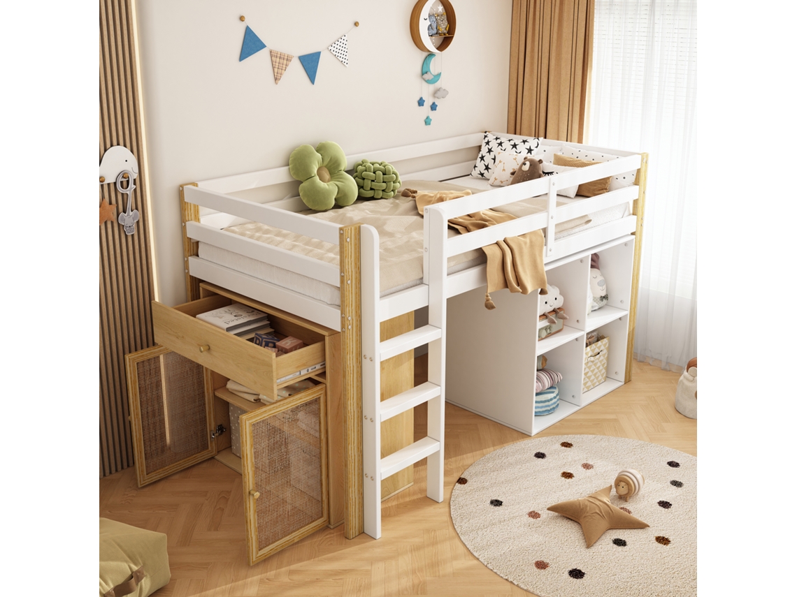Cama Mezana Infantil 90x200cm, Multifuncional, 2 Armários Armazenamento + Escada, Natural+branco, Sem Colchão-op