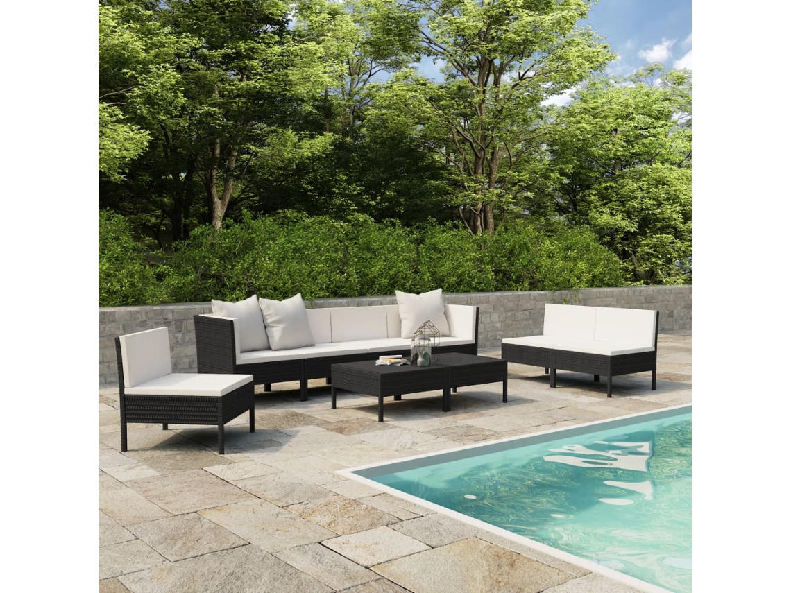 Vidaxl 9 Pcs Conjunto Lounge De Jardim C/ Almofadões Vime Pe Preto