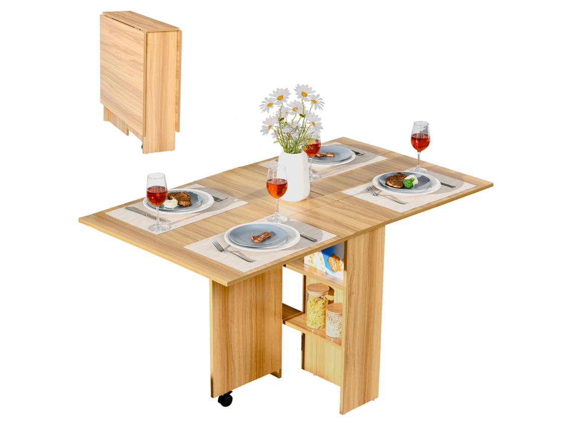 Mesa De Jantar Dobrável Com Rodas, Lateral Multifuncional Com Abas Rebatíveis E Prateleiras, 140x80x74cm, Madeira