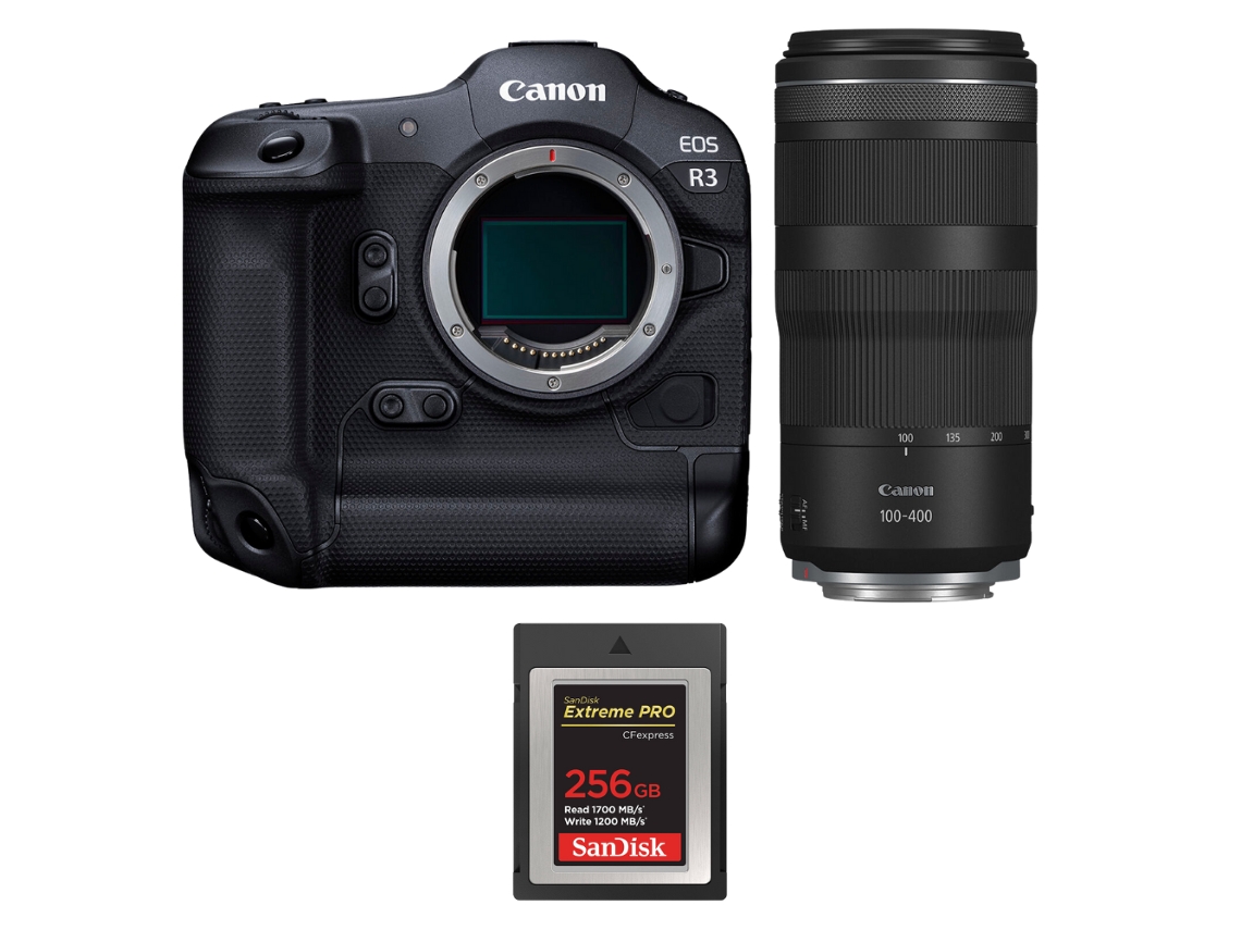 Eos R3 + Rf 100 400mm F/5.6 8 Is Usm + 1 Sandisk 256gb Extreme Pro Cfexpress Type B + Ebook “20 Dicas para Fotos Que Impressionam” CANON