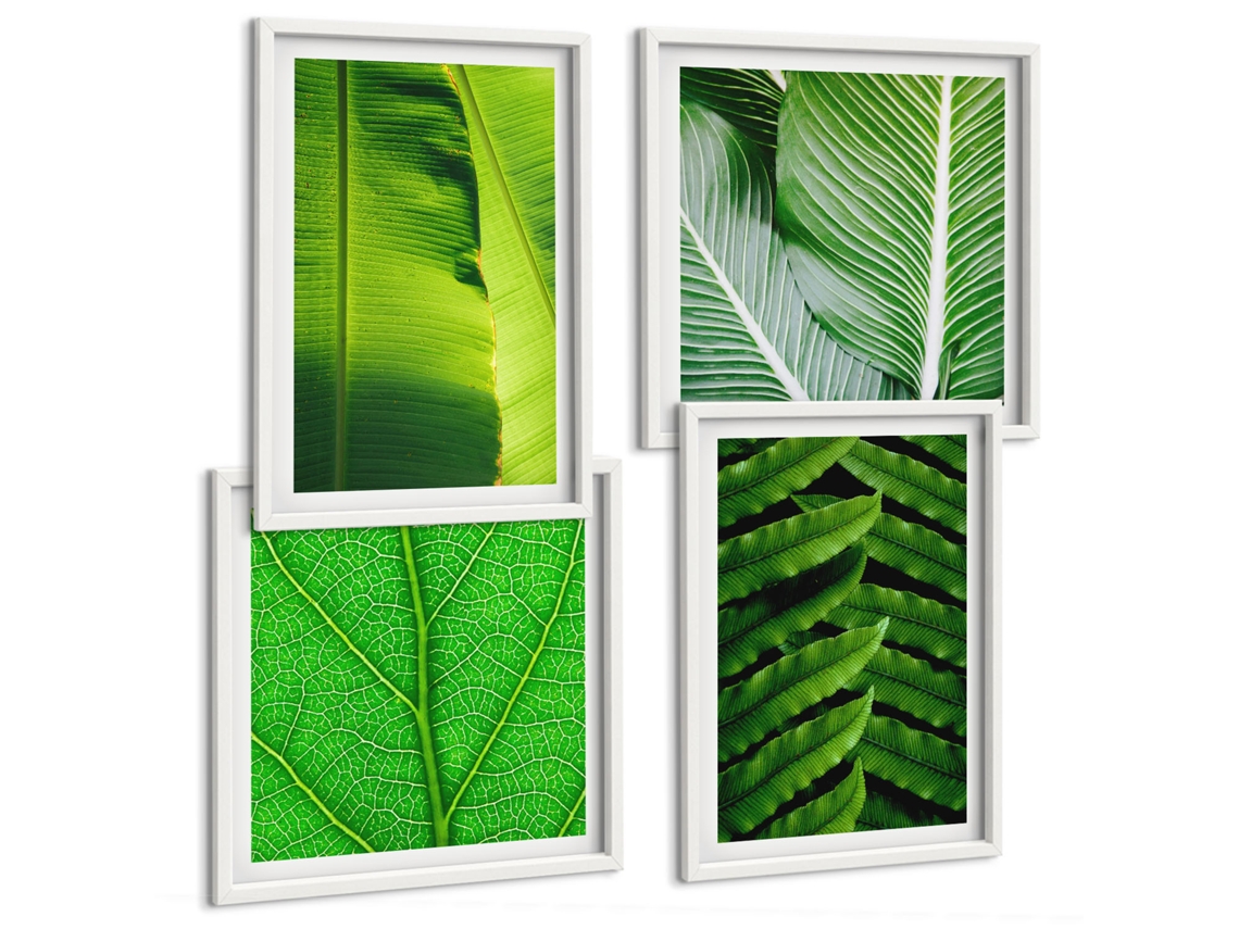 Conjunto De Pinturas Folhas Tropicais, Macrofotografia Moldura Branca Imagens Para Um Quarto Infantil Espelharte (conjunto De 4 Imagens)