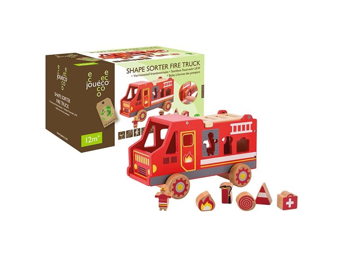 Brinquedo Educativo De Encaixe De Formas Em Forma De Caminhão De Bombeiros De Madeira Jouéco