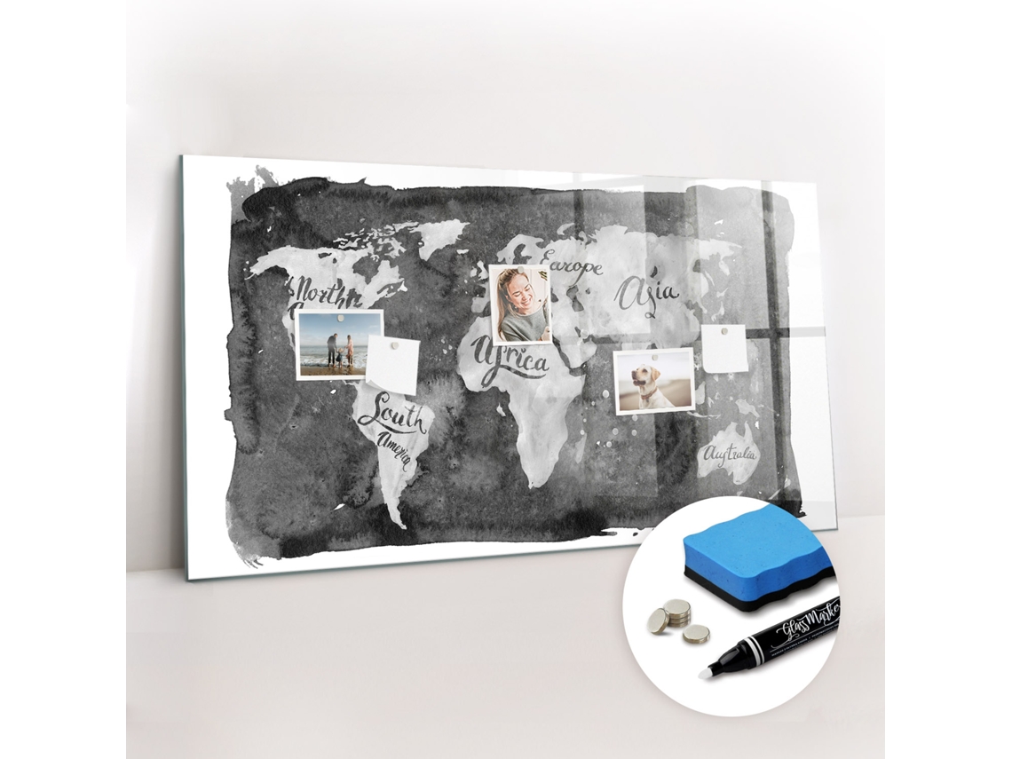 Quadro De Vidro Magnético Mapa-múndi Retro Para O Quarto Das Crianças Espelharte (120x60 Cm)