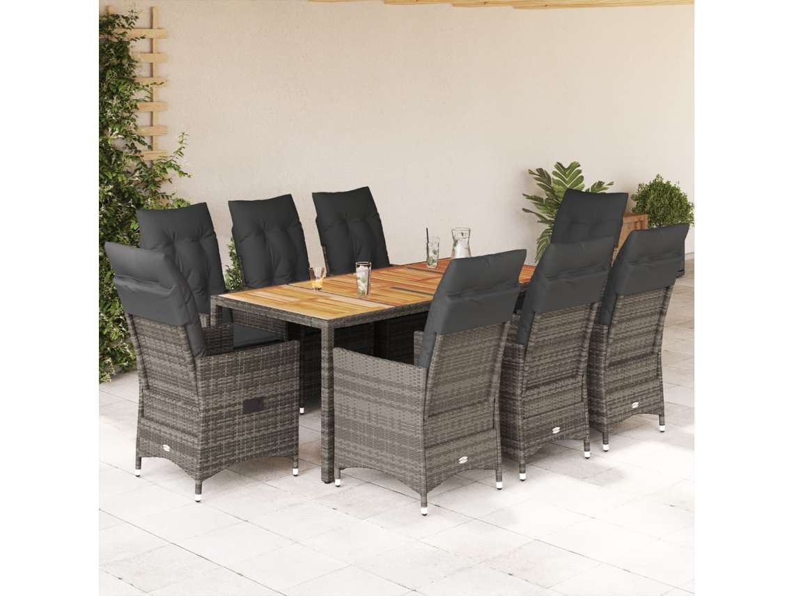 Vidaxl 9 Pcs Conjunto De Jantar P/ Jardim C/ Almofadões Vime Pe Cinza