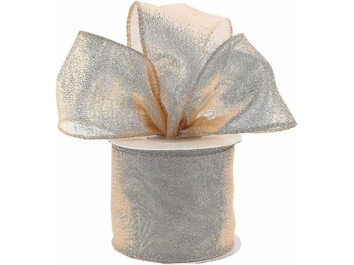 Fita Dourada Champagne Com Fio 2,5 Polegadas Lurex Metálico Ribbon Para Decoração E Artesanato 10 Jardas