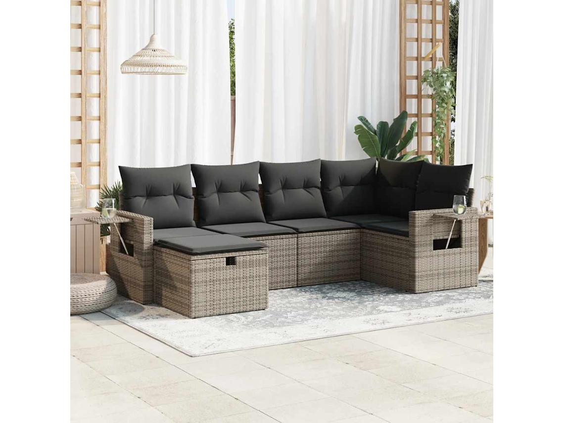 Vidaxl 6 Pcs Conjunto Sofás De Jardim Com Almofadões Vime Cinzento